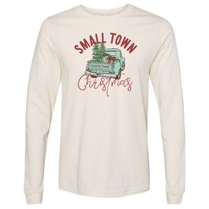 Small Town Christmas Natural Long Sleeve Tee Old Truck & Christmas Tree Cotton